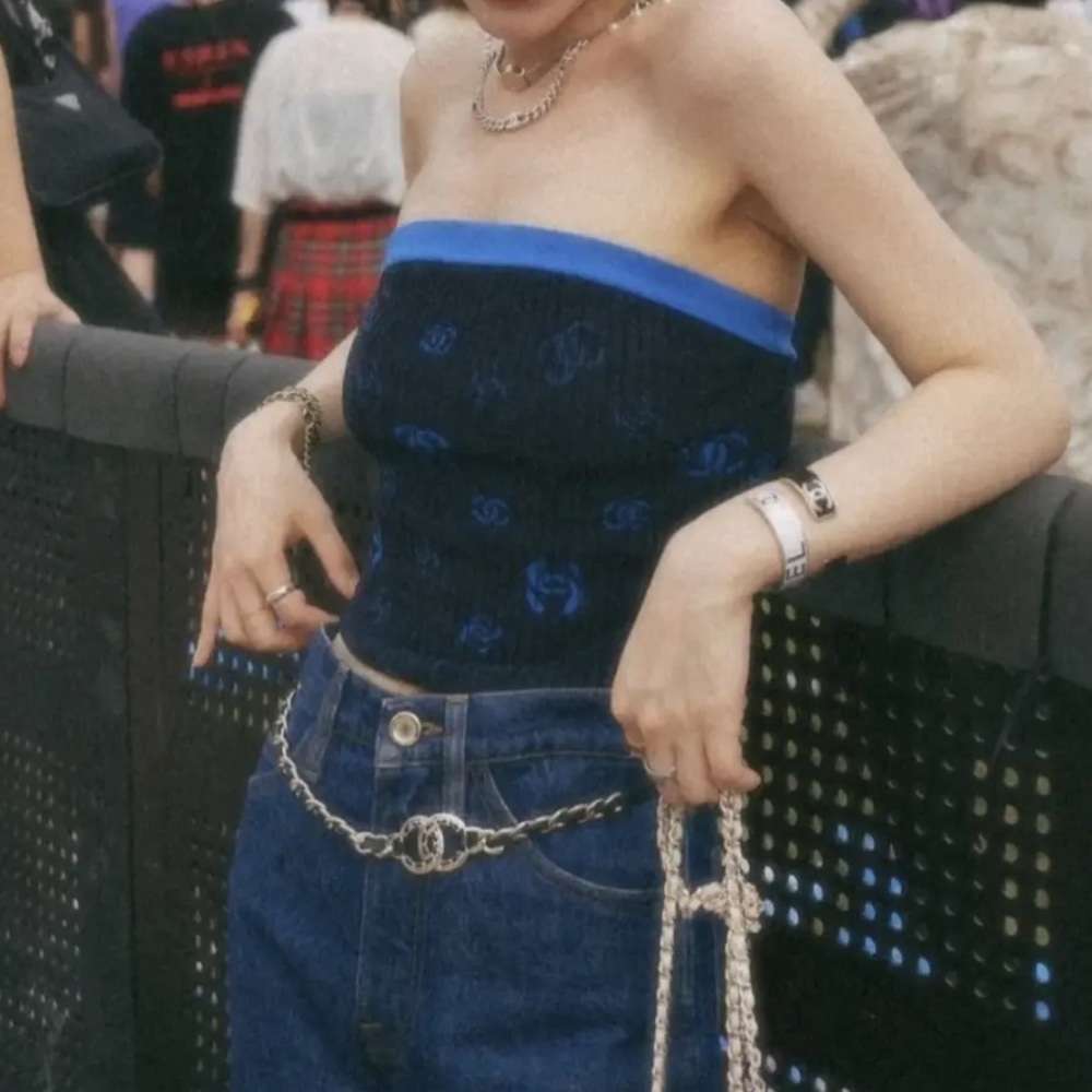 CHANEL Coco mark Tube top Blue Small